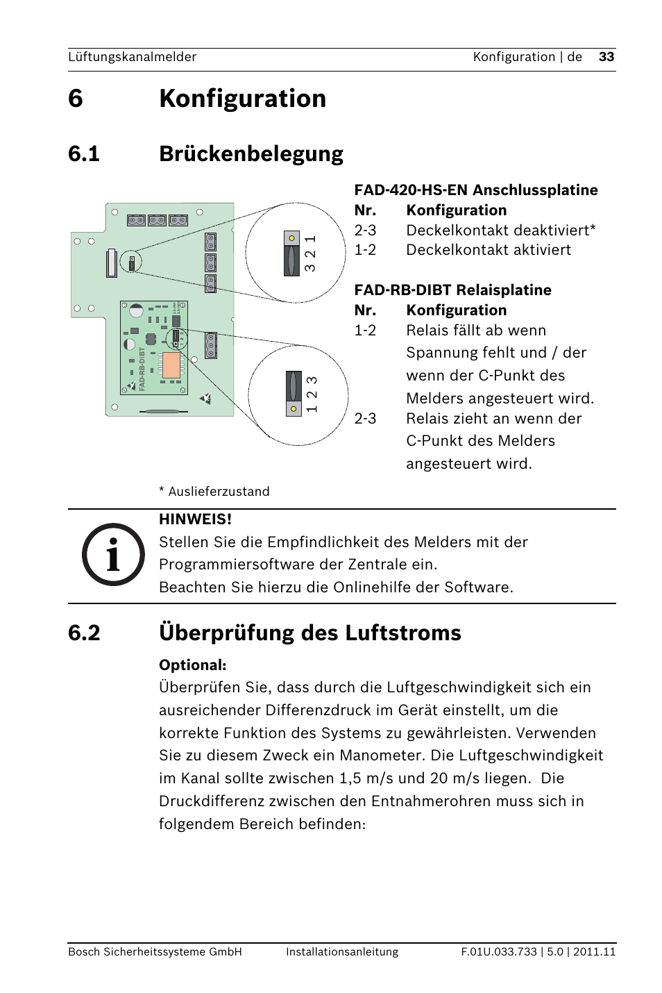 6 konfiguration, 1 brückenbelegung, 2 überprüfung des luftstroms | 6konfiguration | Bosch FAD-420-HS-EN Duct Smoke Detector User Manual | Page 33 / 224