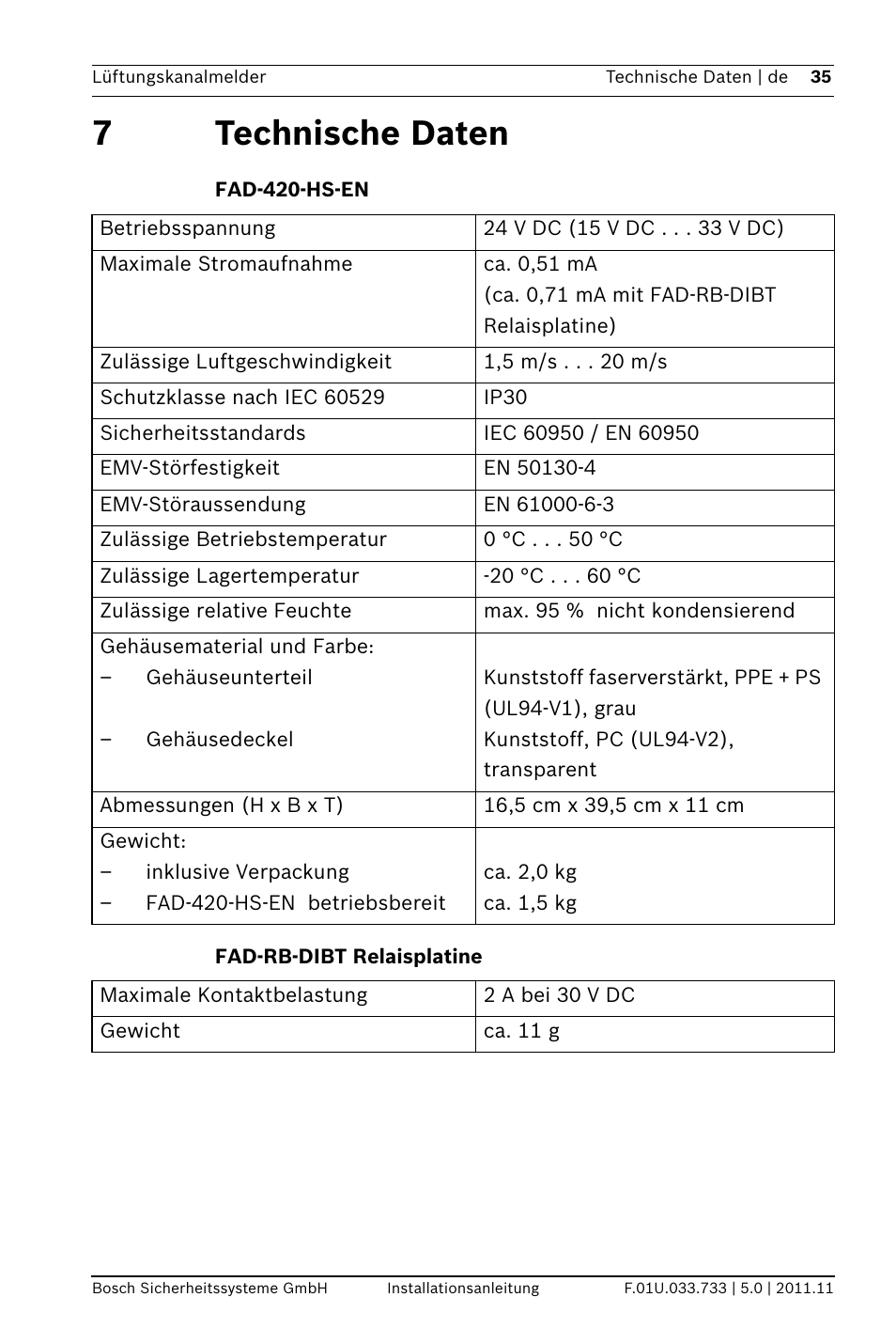 7 technische daten, Fad-420-hs-en, Fad-rb-dibt relaisplatine | 7technische daten | Bosch FAD-420-HS-EN Duct Smoke Detector User Manual | Page 35 / 224