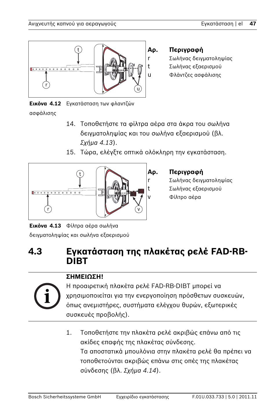 3 εγκατάσταση της πλακέτας ρελέ fad-rb- dibt | Bosch FAD-420-HS-EN Duct Smoke Detector User Manual | Page 47 / 224