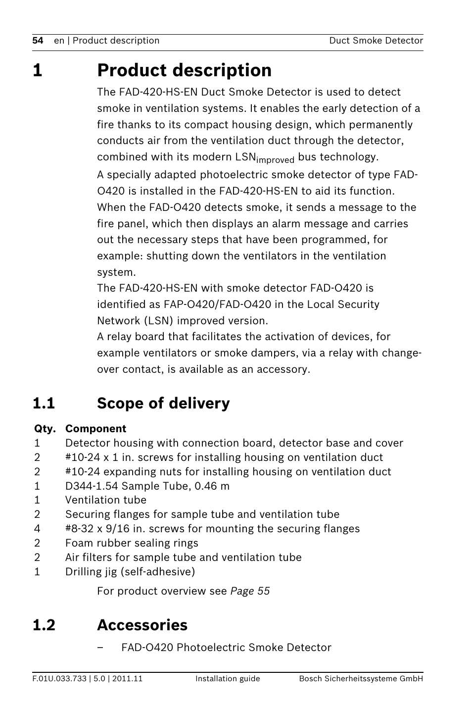 1 product description, 1 scope of delivery, 2 accessories | Ption, Ssories, 1product description | Bosch FAD-420-HS-EN Duct Smoke Detector User Manual | Page 54 / 224