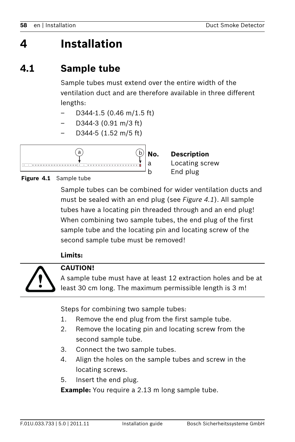 4 installation, 1 sample tube, Limits | 4installation | Bosch FAD-420-HS-EN Duct Smoke Detector User Manual | Page 58 / 224