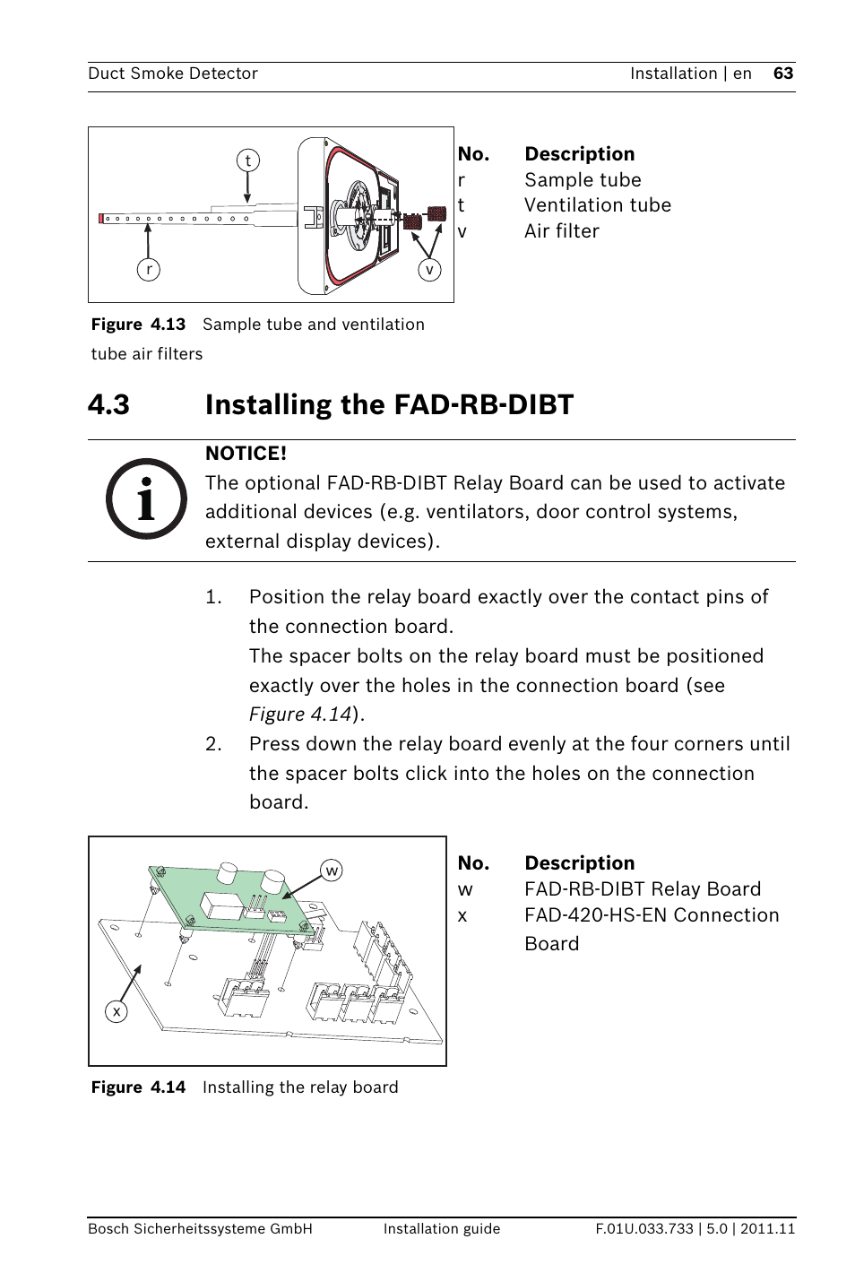 3 installing the fad-rb-dibt, See figure 4.13 | Bosch FAD-420-HS-EN Duct Smoke Detector User Manual | Page 63 / 224