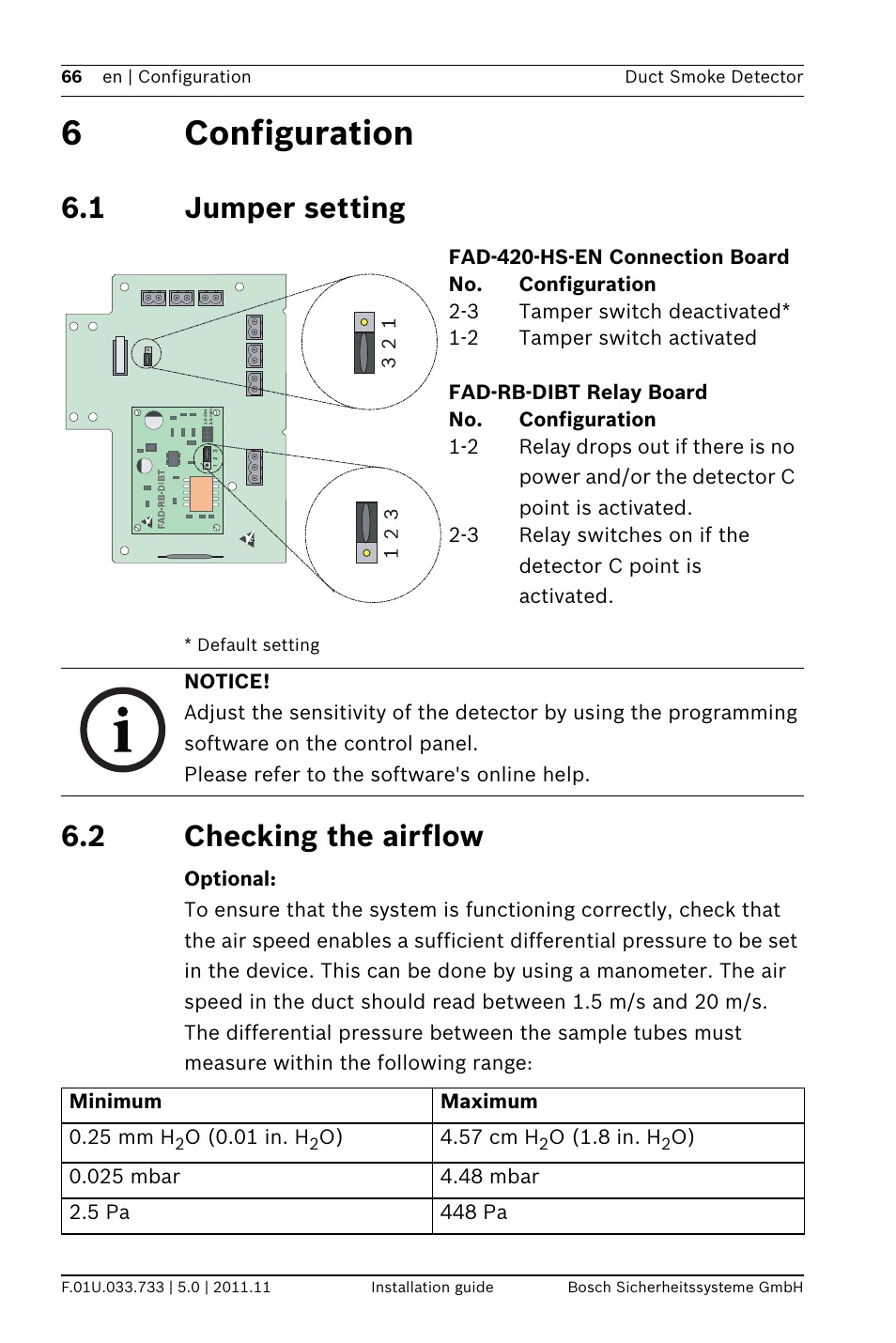 6 configuration, 1 jumper setting, 2 checking the airflow | Onfiguration, Tting, Hecking the airflow, 6configuration | Bosch FAD-420-HS-EN Duct Smoke Detector User Manual | Page 66 / 224