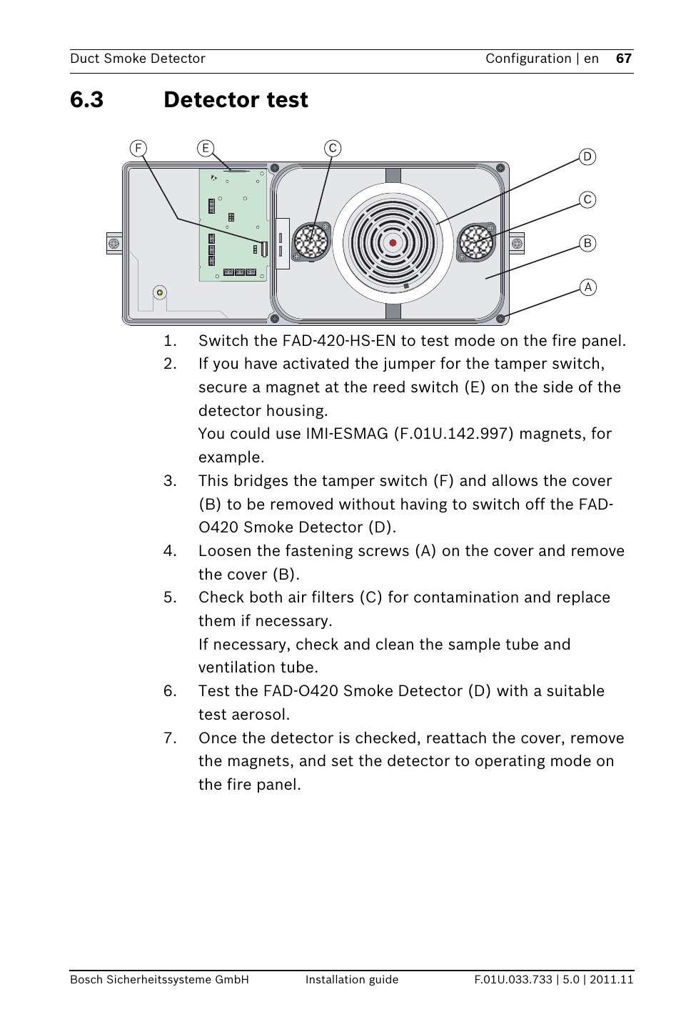 3 detector test, Tor test | Bosch FAD-420-HS-EN Duct Smoke Detector User Manual | Page 67 / 224