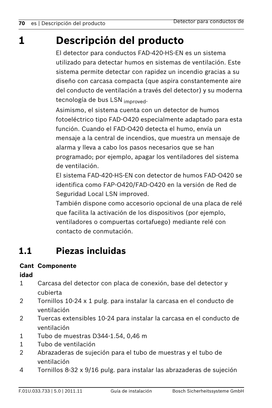1 descripción del producto, 1 piezas incluidas, 1descripción del producto | Bosch FAD-420-HS-EN Duct Smoke Detector User Manual | Page 70 / 224