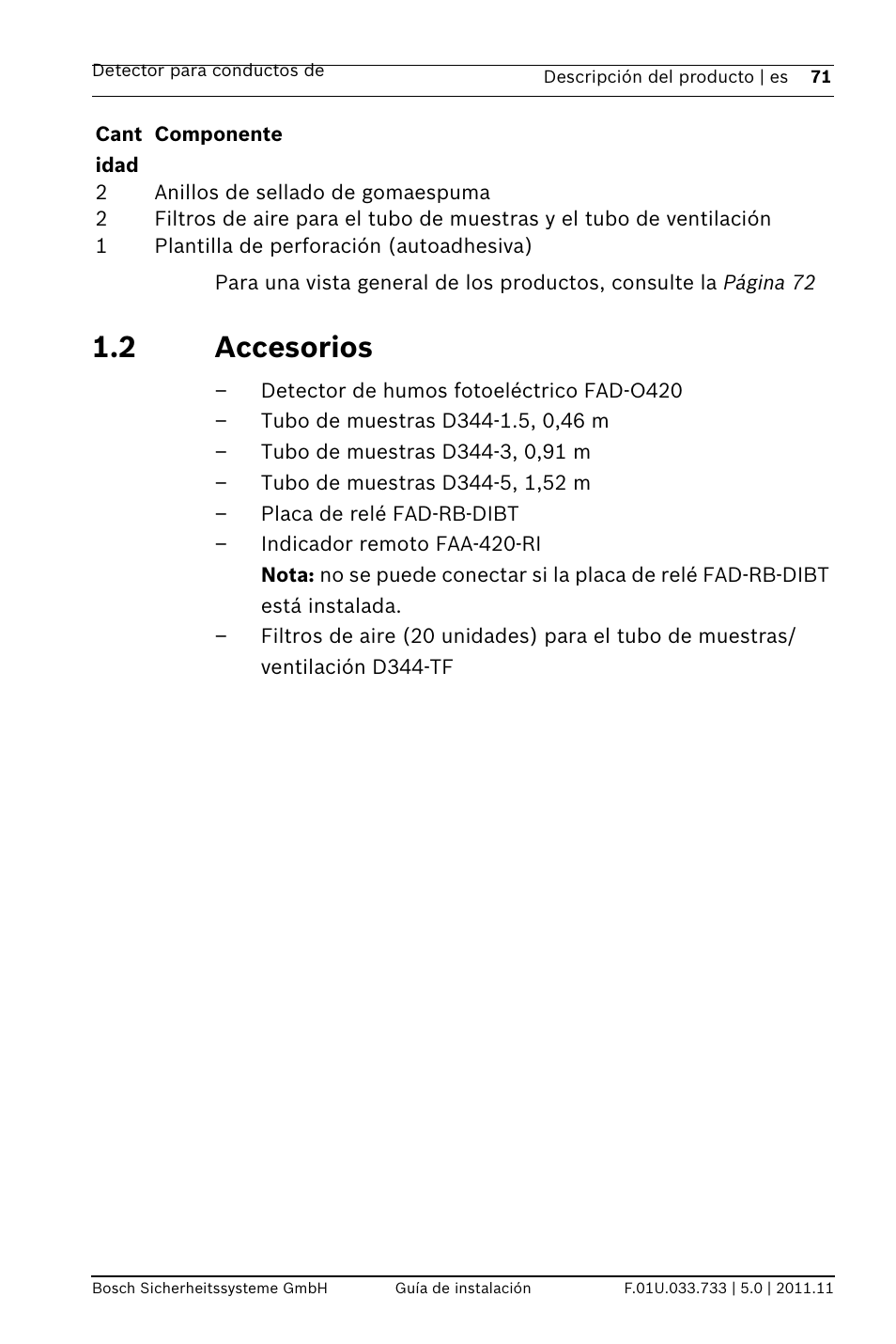 2 accesorios, Sorios | Bosch FAD-420-HS-EN Duct Smoke Detector User Manual | Page 71 / 224