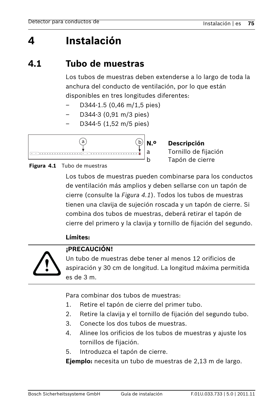 4 instalación, 1 tubo de muestras, Límites | Ubo de muestras, 4instalación | Bosch FAD-420-HS-EN Duct Smoke Detector User Manual | Page 75 / 224