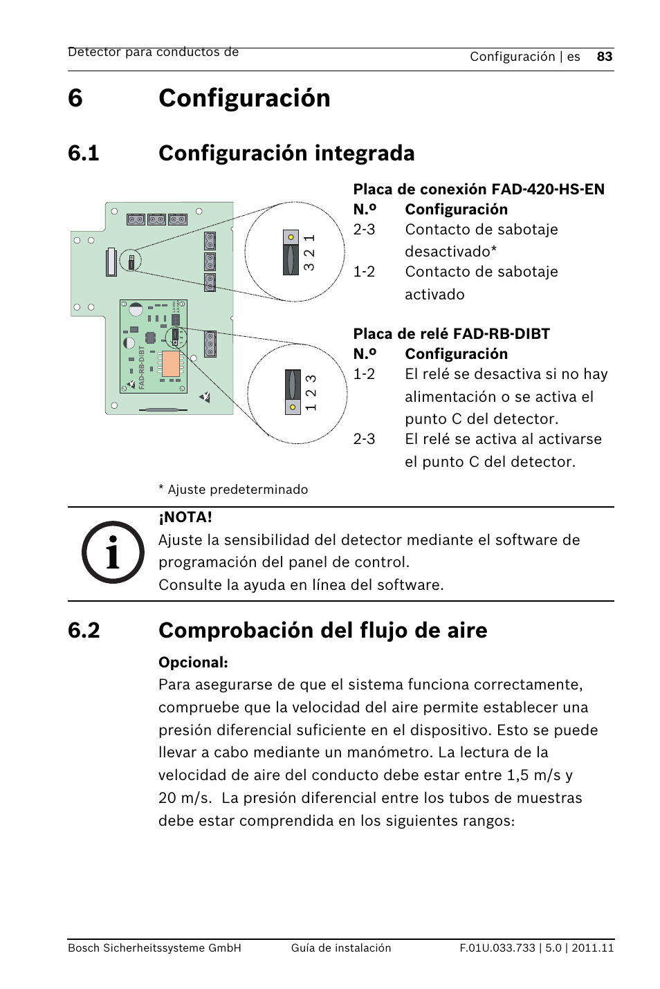 6 configuración, 1 configuración integrada, 2 comprobación del flujo de aire | Onfiguración, 6configuración | Bosch FAD-420-HS-EN Duct Smoke Detector User Manual | Page 83 / 224
