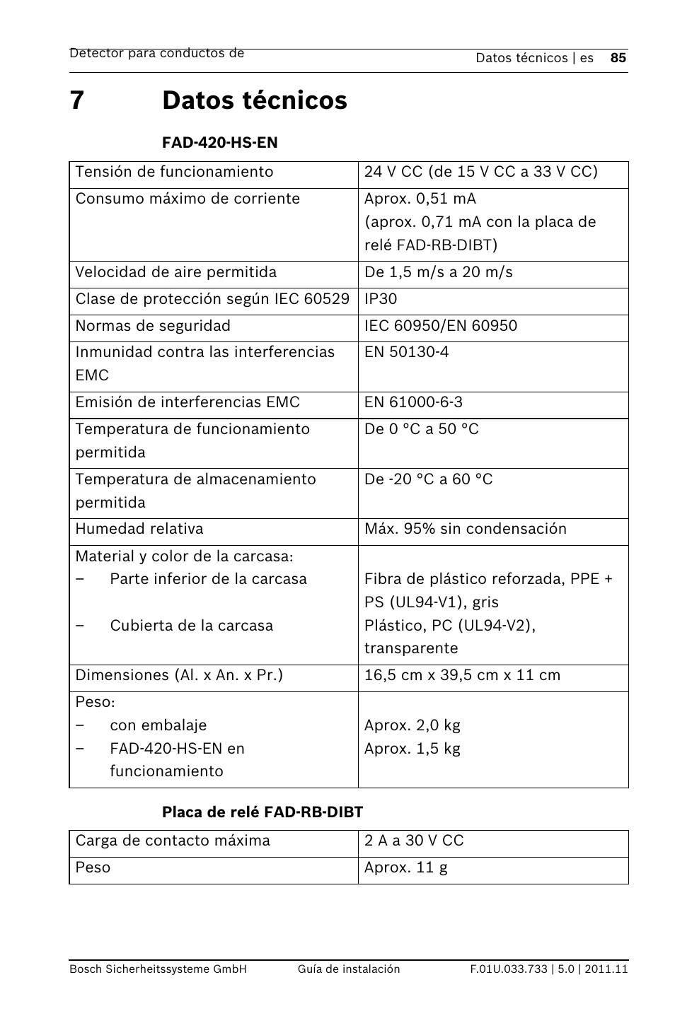 7 datos técnicos, Fad-420-hs-en, Placa de relé fad-rb-dibt | 7datos técnicos | Bosch FAD-420-HS-EN Duct Smoke Detector User Manual | Page 85 / 224