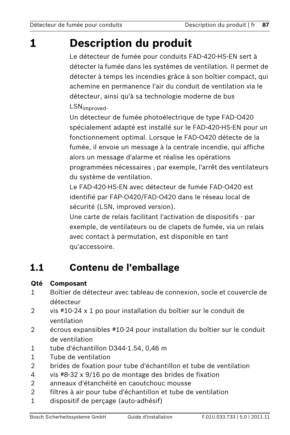 1 description du produit, 1 contenu de l'emballage, Produit | Ontenu de l'emballage, 1description du produit | Bosch FAD-420-HS-EN Duct Smoke Detector User Manual | Page 87 / 224