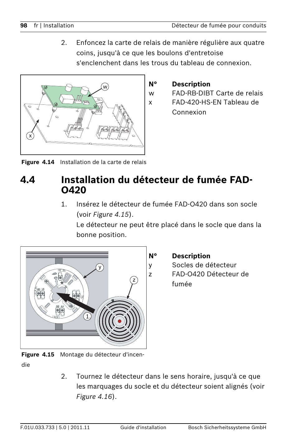 4 installation du détecteur de fumée fad- o420, E fad-o420 | Bosch FAD-420-HS-EN Duct Smoke Detector User Manual | Page 98 / 224