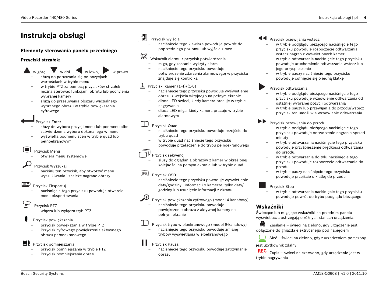Instrukcja obsługi, Wskaźniki | Bosch Digital Video Recorder 440__480 Series User Manual | Page 16 / 20