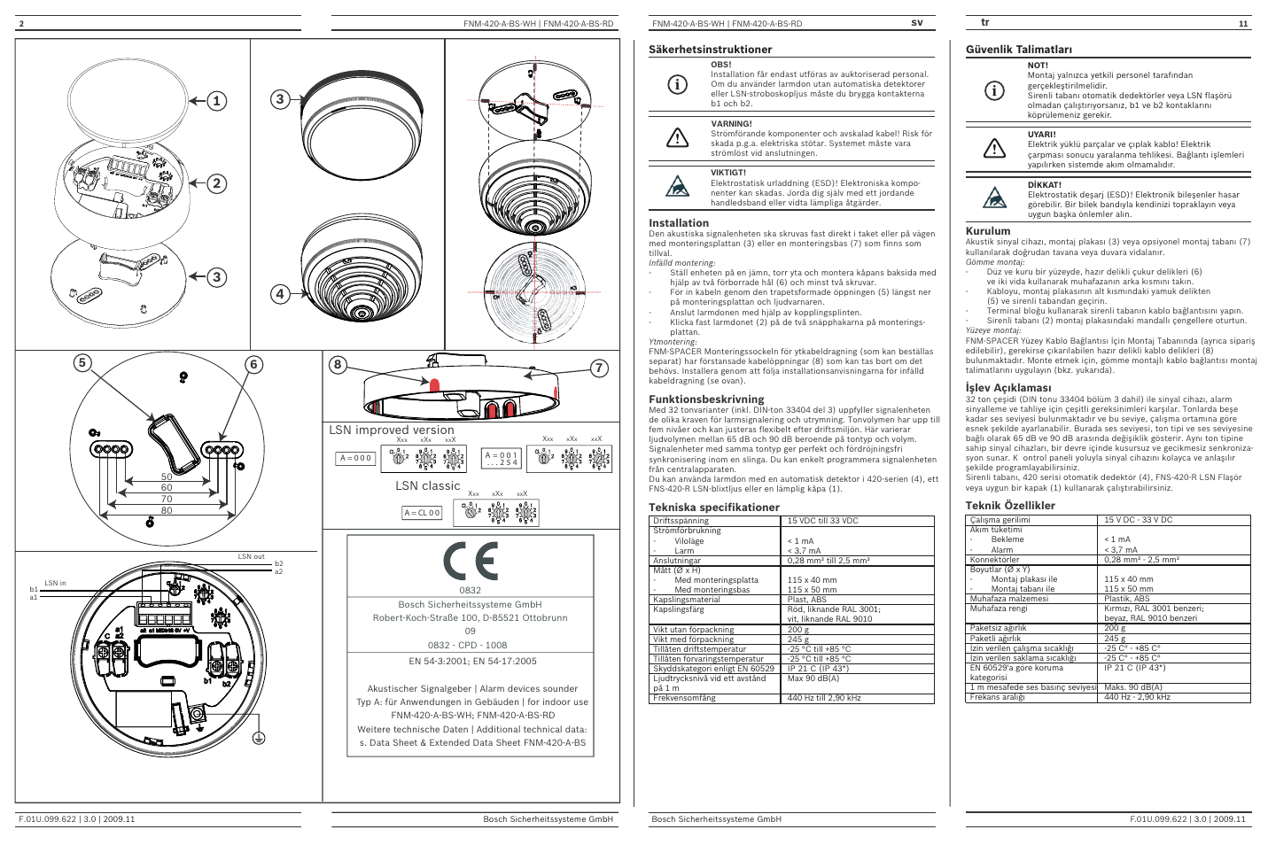 Lsn improved version lsn classic, Sv tr, Installation | Funktionsbeskrivning, Tekniska specifikationer, Säkerhetsinstruktioner güvenlik talimatları, Kurulum, Işlev açıklaması, Teknik özellikler | Bosch FNM-420-A-BS Base Sounder, Indoor User Manual | Page 2 / 6