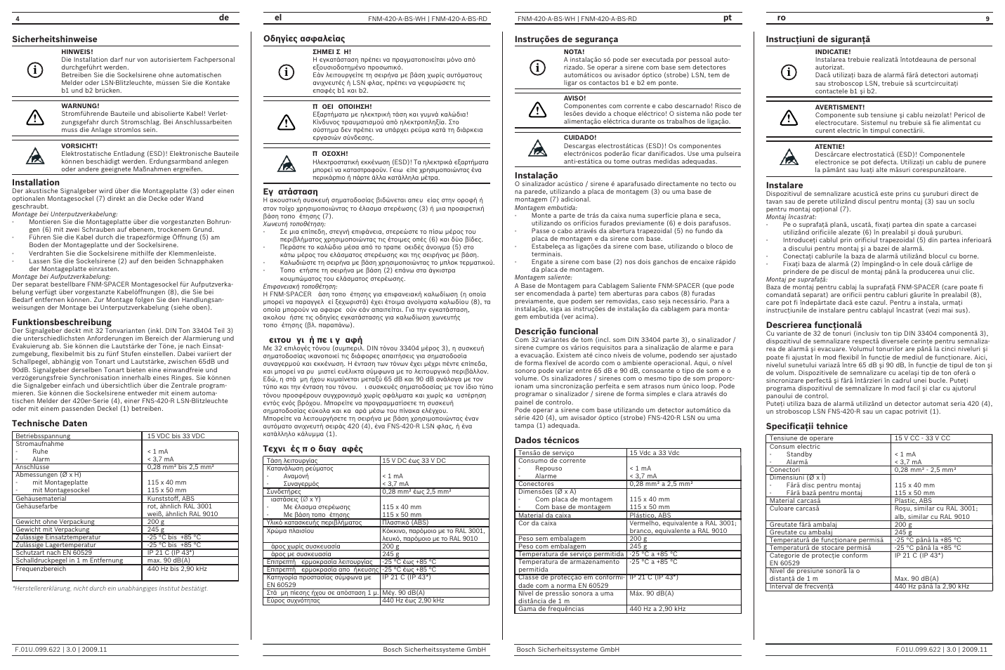 De el, Pt ro, Sicherheitshinweise | Οδηγίες ασφαλείας, Instruções de segurança, Instrucţiuni de siguranţă, Installation, Funktionsbeschreibung, Technische daten, Εγ ατάσταση | Bosch FNM-420-A-BS Base Sounder, Indoor User Manual | Page 4 / 6