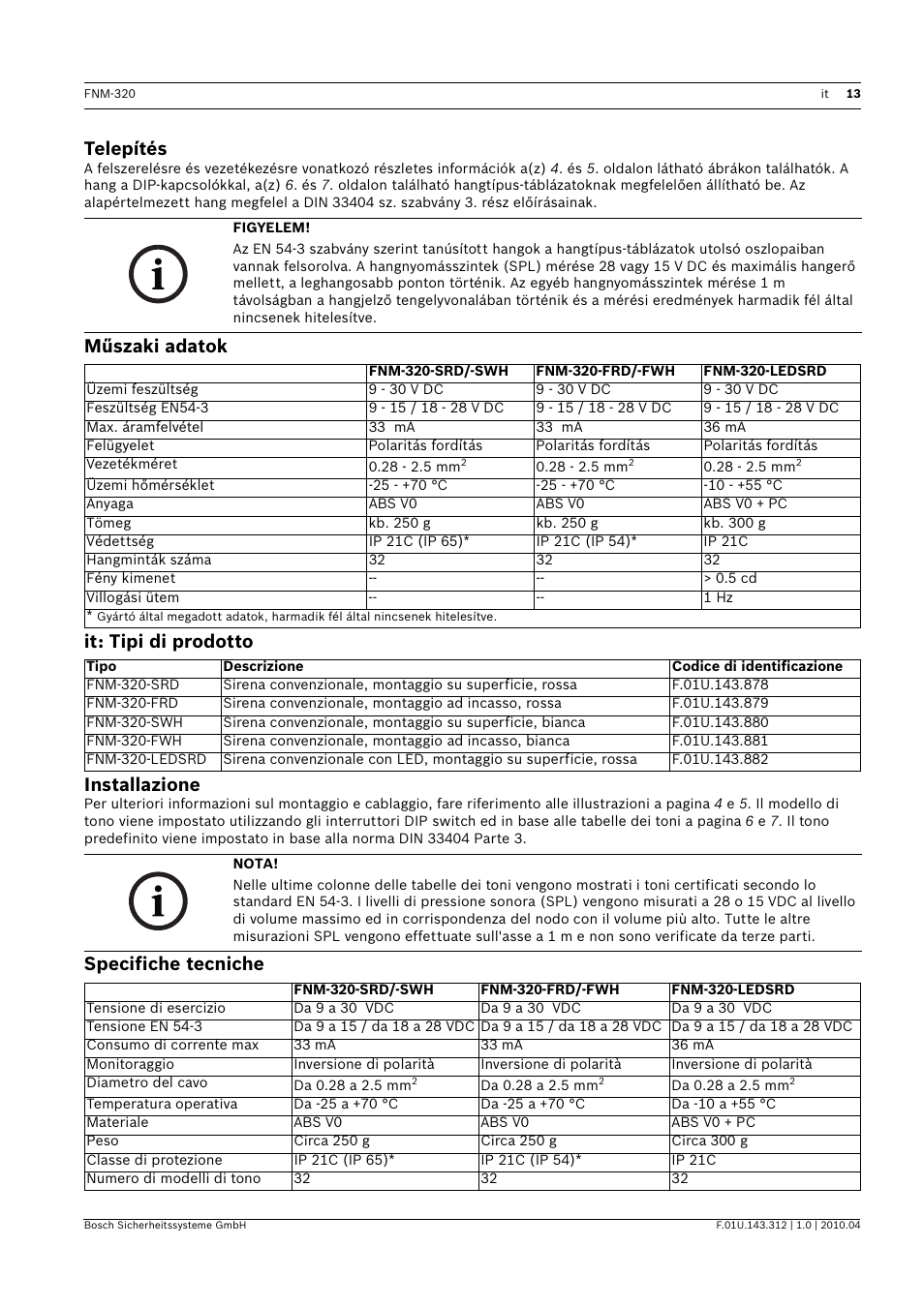 Telepítés, Műszaki adatok, It: tipi di prodotto | Installazione, Specifiche tecniche, Műszaki adatok it: tipi di prodotto installazione | Bosch FNM-320 Sounders Conventional User Manual | Page 13 / 20