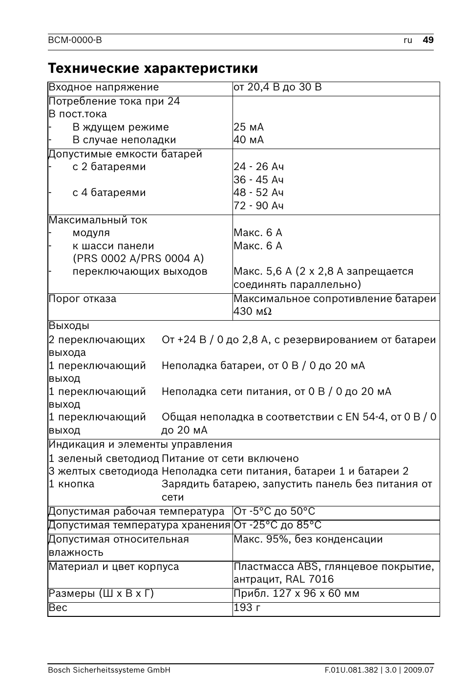 Технические характеристики | Bosch FPP-5000 External Power Supply Unit Kit 24 V User Manual | Page 49 / 60