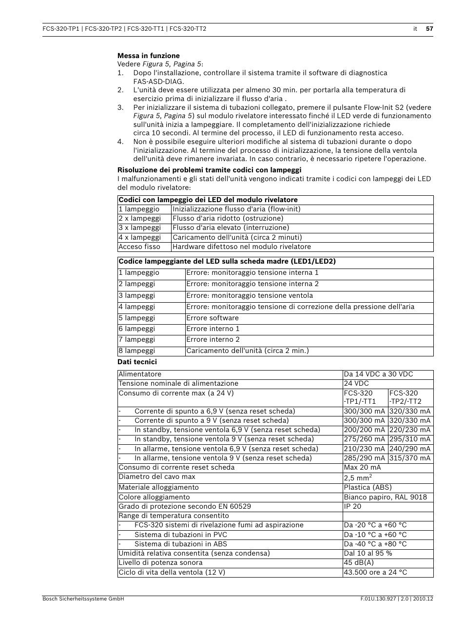 Messa in funzione, Dati tecnici | Bosch FCS-320-TP Series Conventional Aspirating Smoke Detectors User Manual | Page 57 / 96