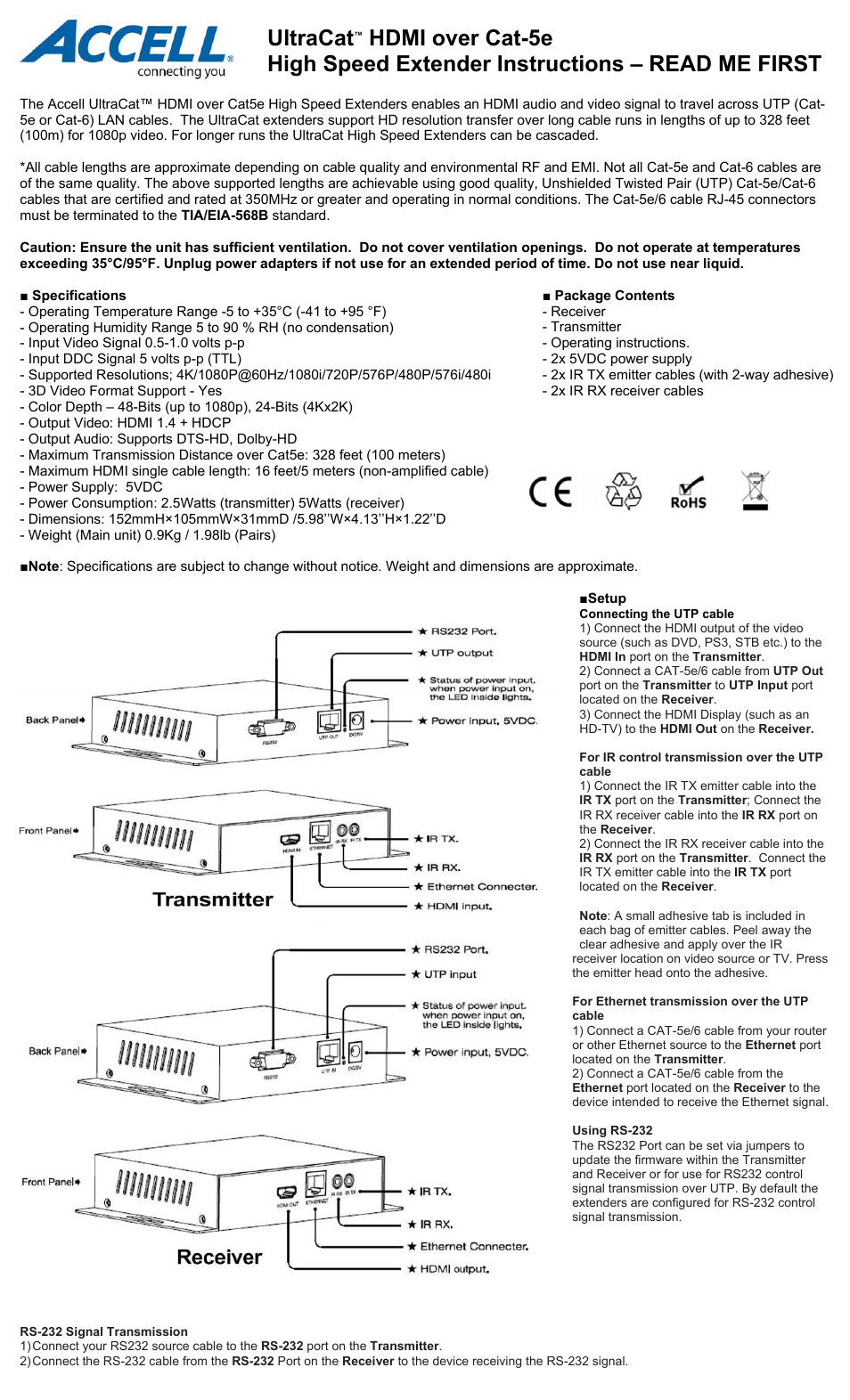 Accell UltraCat HD HDMI-Cat5e Extender (HDBaseT) User Manual | 2 pages