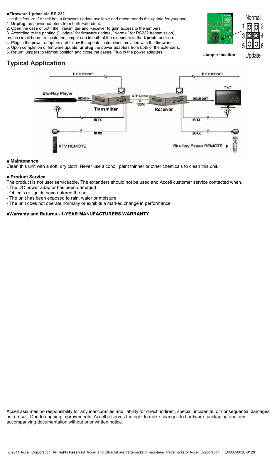 Typical application | Accell UltraCat HD HDMI-Cat5e Extender (HDBaseT) User Manual | Page 2 / 2