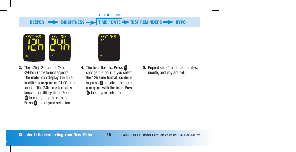 Beeper brightness time / date test reminders hypo, You are here | Accu-Chek Compact Plus User Manual | Page 17 / 196