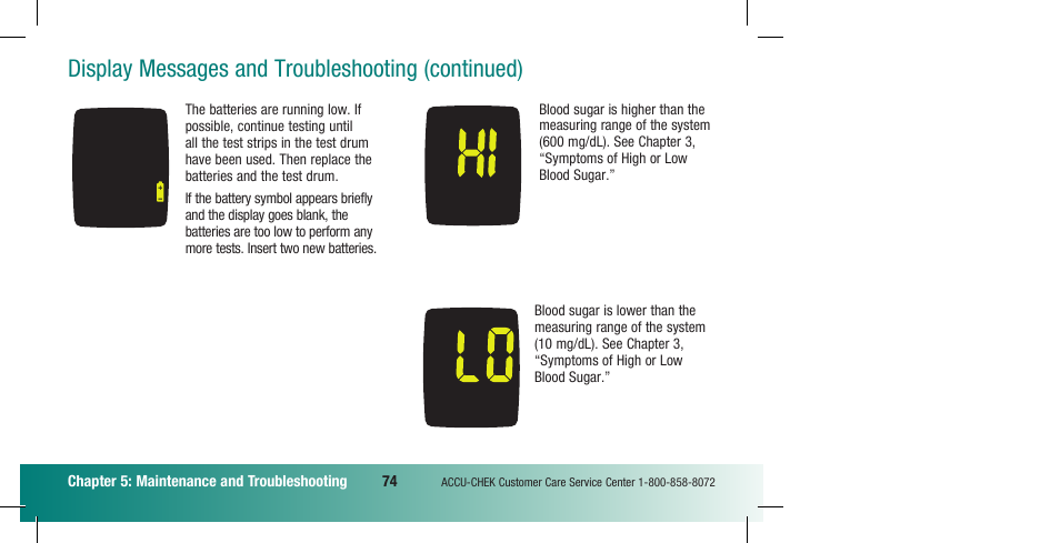 Display messages and troubleshooting (continued) | Accu-Chek Compact Plus User Manual | Page 76 / 196