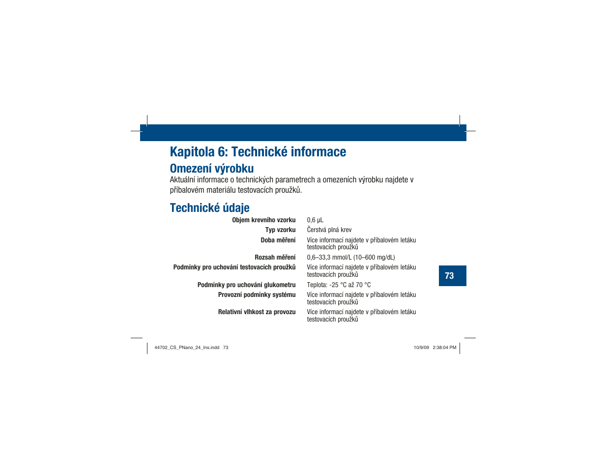 Kapitola 6: technické informace, Omezení výrobku, Technické údaje | Акку-Чек Перформа Нано User Manual | Page 239 / 332