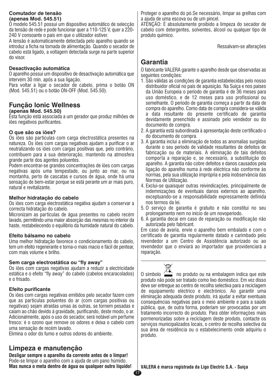Função lonic wellness, Limpeza e manutenção, Garantia | VALERA I-F@N DIGITAL TRAVEL User Manual | Page 15 / 46