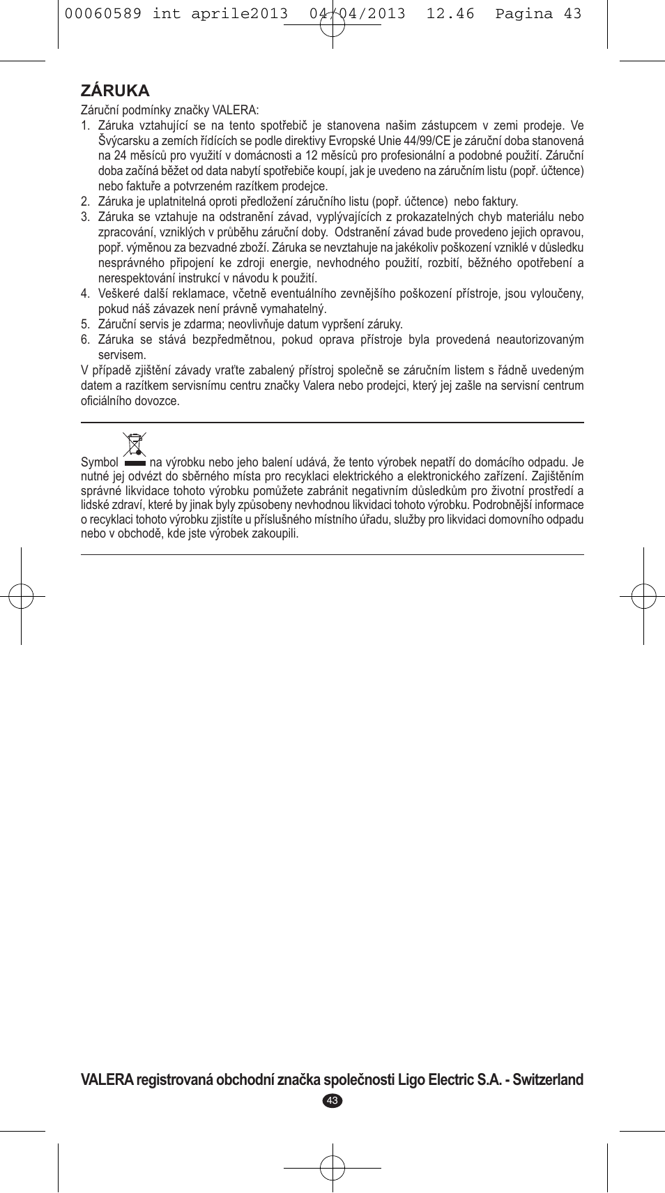 Záruka | VALERA SYSTEMA User Manual | Page 41 / 82