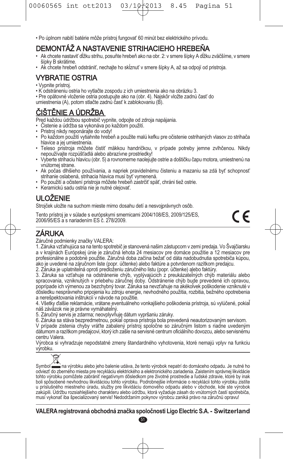 Demontáž a nastavenie strihacieho hrebeňa, Vybratie ostria, Čištěnie a údržba | Uloženie, Záruka | VALERA ABSOLUT User Manual | Page 49 / 66