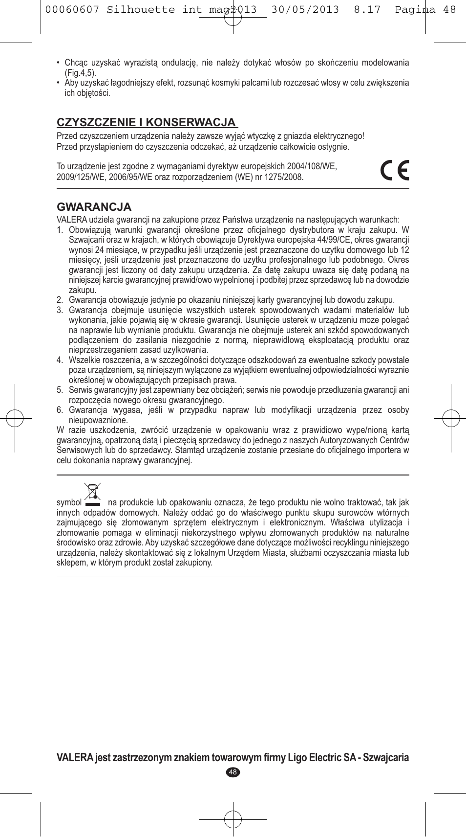 Czyszczenie i konserwacja, Gwarancja | VALERA SILHOUETTE User Manual | Page 46 / 78
