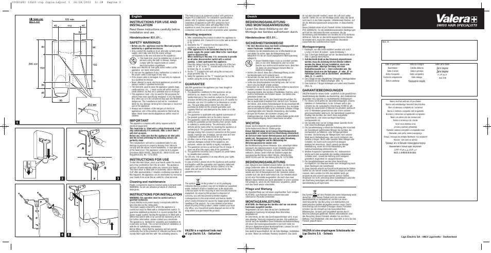 Instructions for use and installation, Safety warnings, Important | Instructions for use, Instructions for installation, Guarantee, Bedienungsanleitung und montageanweisung, Sicherheitshinweise, Wichtig, Bedienungsanleitung | VALERA HANDY SILVER User Manual | Page 2 / 18