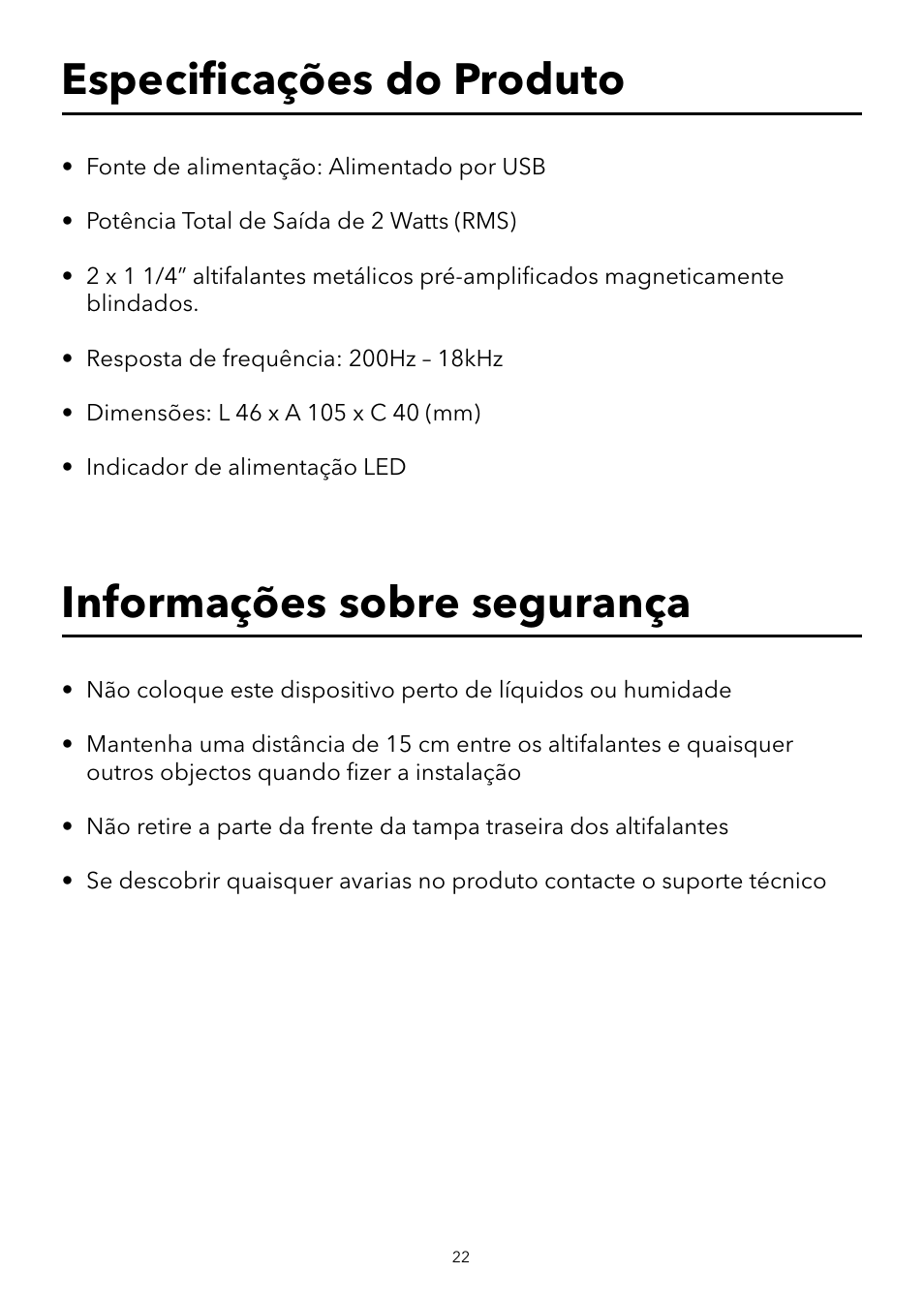 Especiﬁ cações do produto, Informações sobre segurança | Verbatim Portable USB Speaker System User Manual | Page 23 / 48