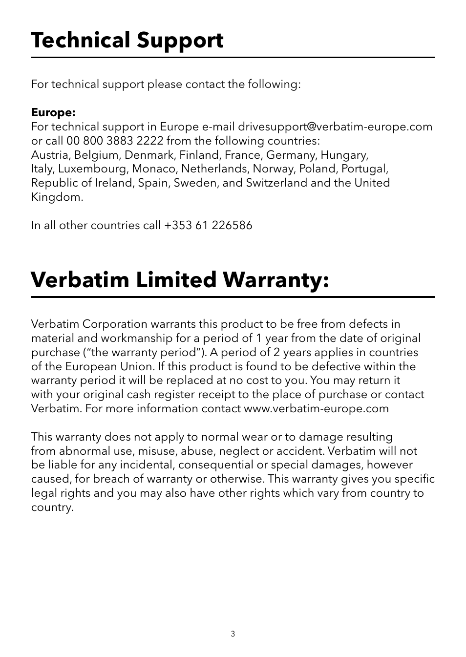 Verbatim limited warranty, Technical support | Verbatim Portable USB Speaker System User Manual | Page 4 / 48