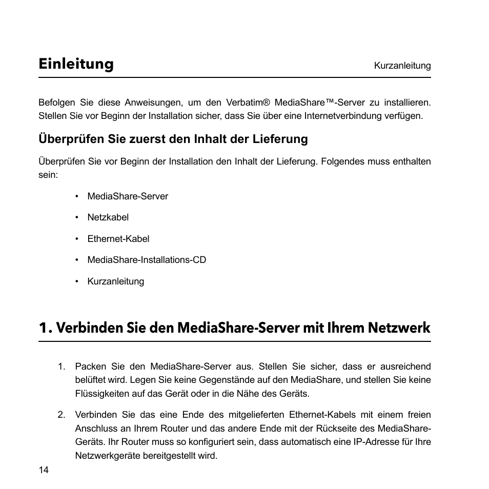 Einleitung, Überprüfen sie zuerst den inhalt der lieferung | Verbatim MediaShare Quick Start Guide User Manual | Page 14 / 64