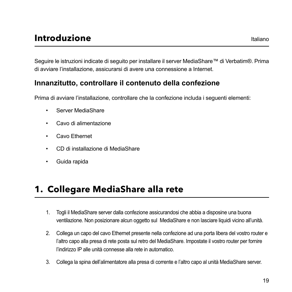Introduzione, Collegare mediashare alla rete | Verbatim MediaShare Quick Start Guide User Manual | Page 19 / 64