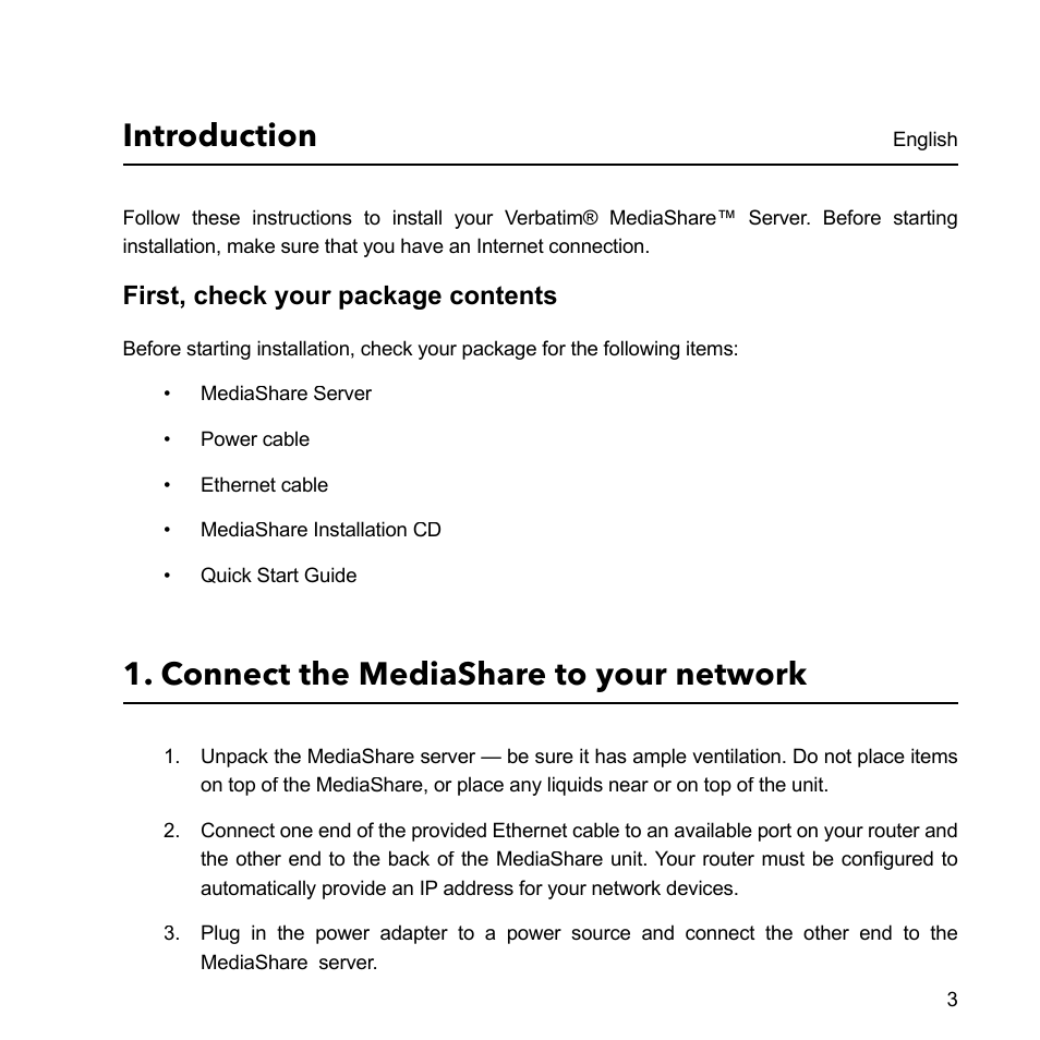 Introduction, Connect the mediashare to your network, First, check your package contents | Verbatim MediaShare Quick Start Guide User Manual | Page 3 / 64