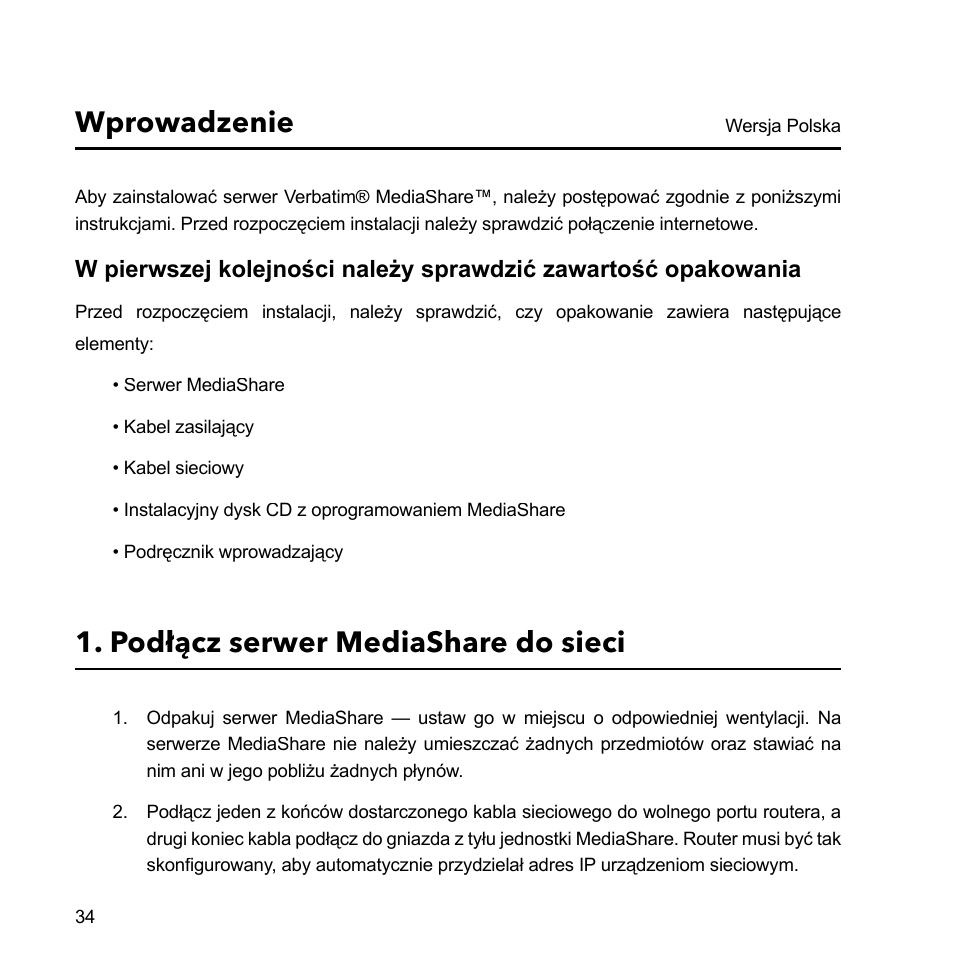 Wprowadzenie, Podłącz serwer mediashare do sieci | Verbatim MediaShare Quick Start Guide User Manual | Page 34 / 64