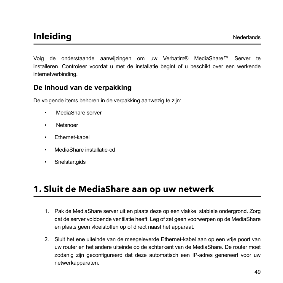 Inleiding, Sluit de mediashare aan op uw netwerk, De inhoud van de verpakking | Verbatim MediaShare Quick Start Guide User Manual | Page 49 / 64