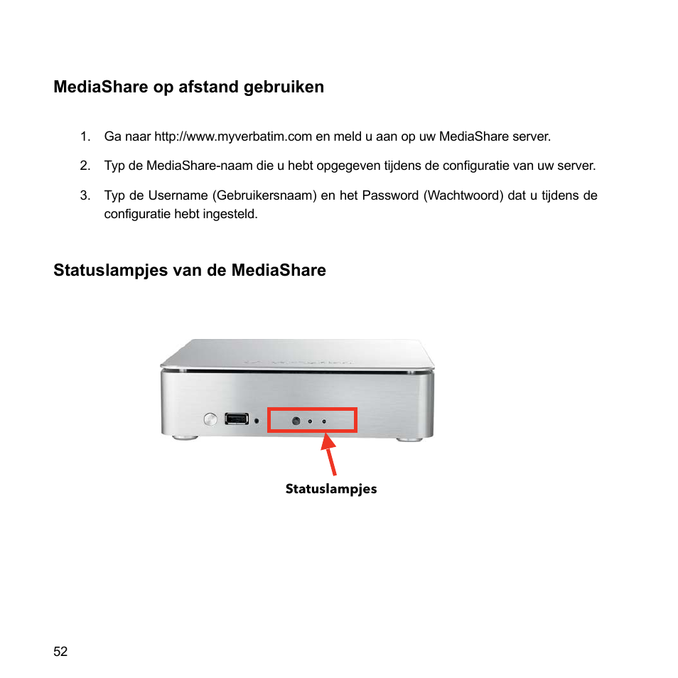 Mediashare op afstand gebruiken, Statuslampjes van de mediashare | Verbatim MediaShare Quick Start Guide User Manual | Page 52 / 64