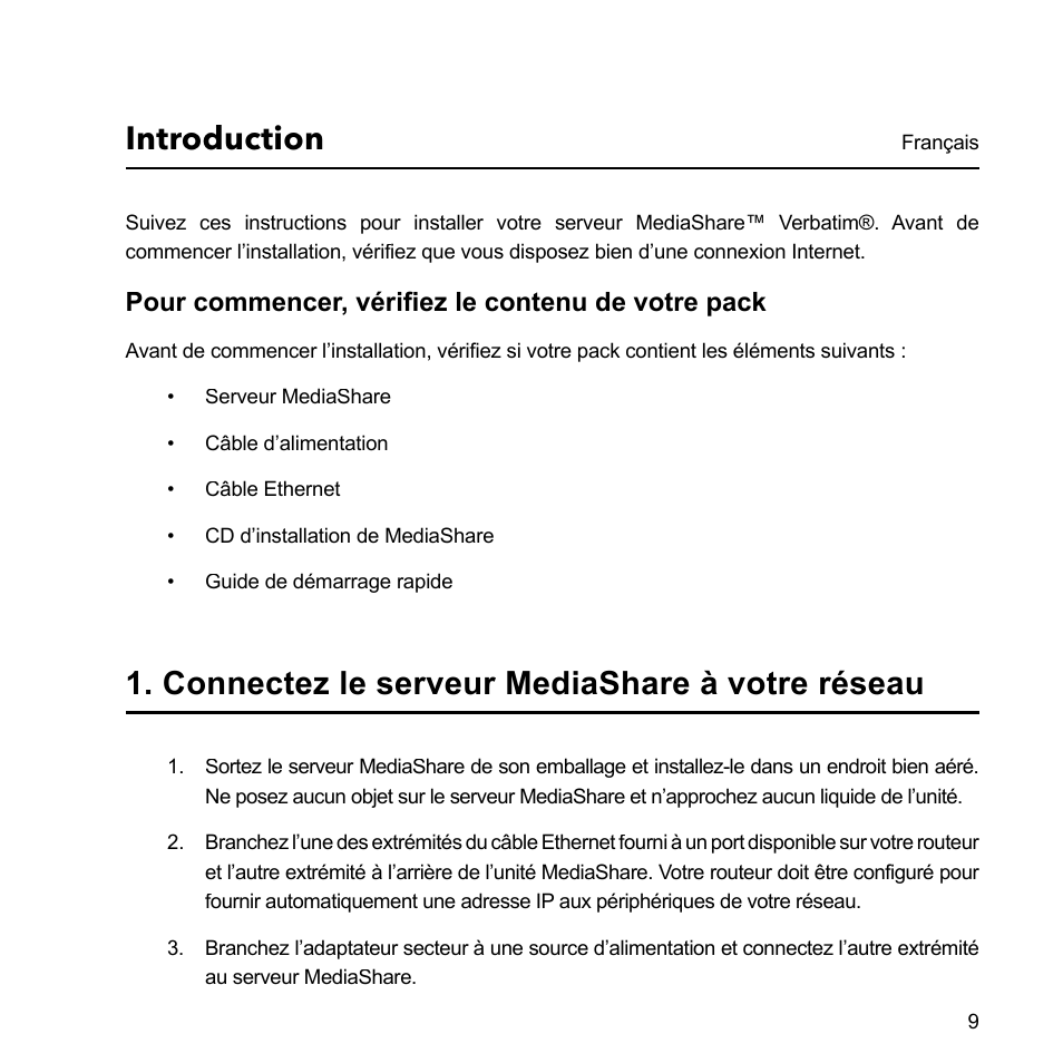 Introduction, Connectez le serveur mediashare à votre réseau, Pour commencer, vérifi ez le contenu de votre pack | Verbatim MediaShare Quick Start Guide User Manual | Page 9 / 64