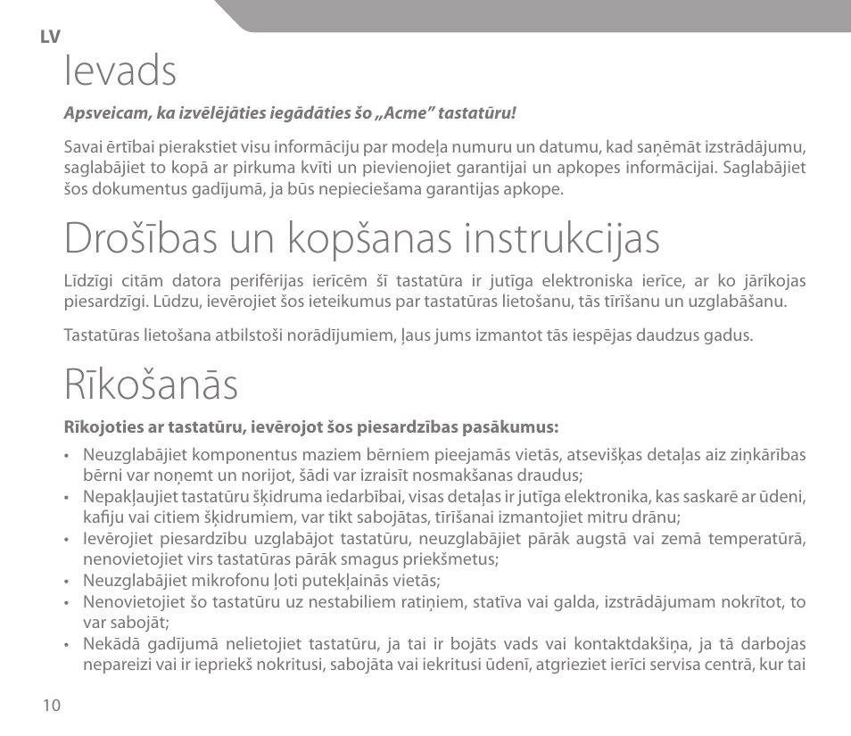 Ievads, Drošības un kopšanas instrukcijas, Rīkošanās | Acme KS01 User Manual | Page 10 / 52