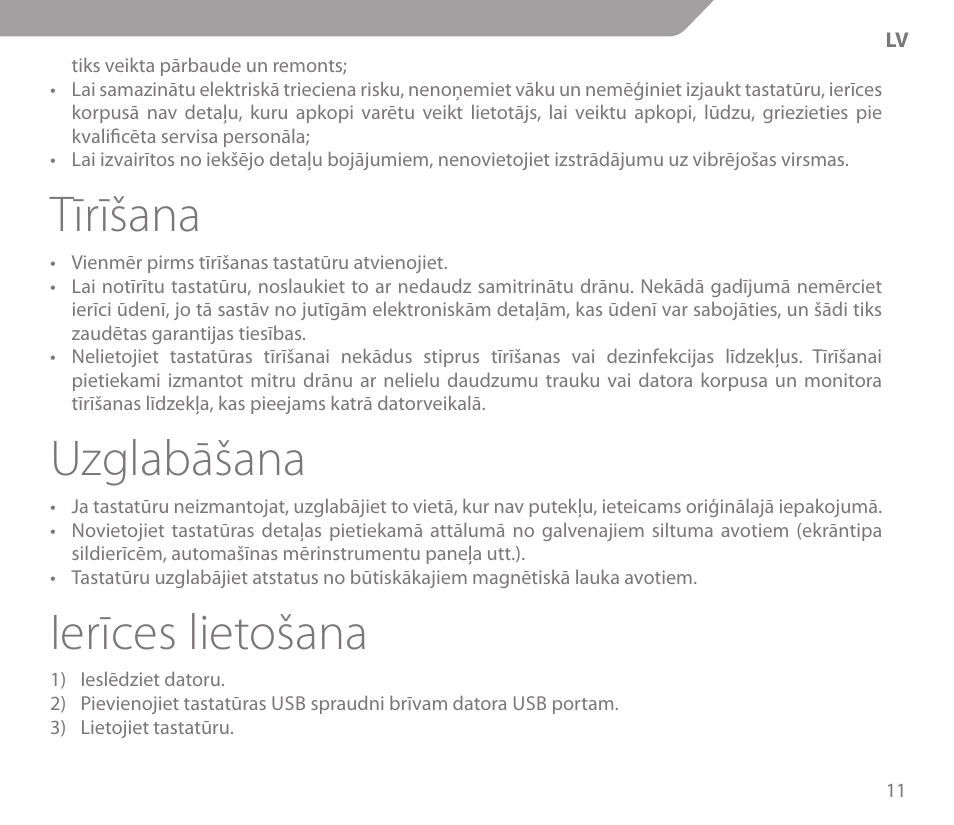 Tīrīšana, Uzglabāšana, Ierīces lietošana | Acme KS01 User Manual | Page 11 / 52