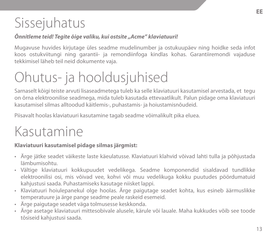 Sissejuhatus, Ohutus- ja hooldusjuhised, Kasutamine | Acme KS01 User Manual | Page 13 / 52