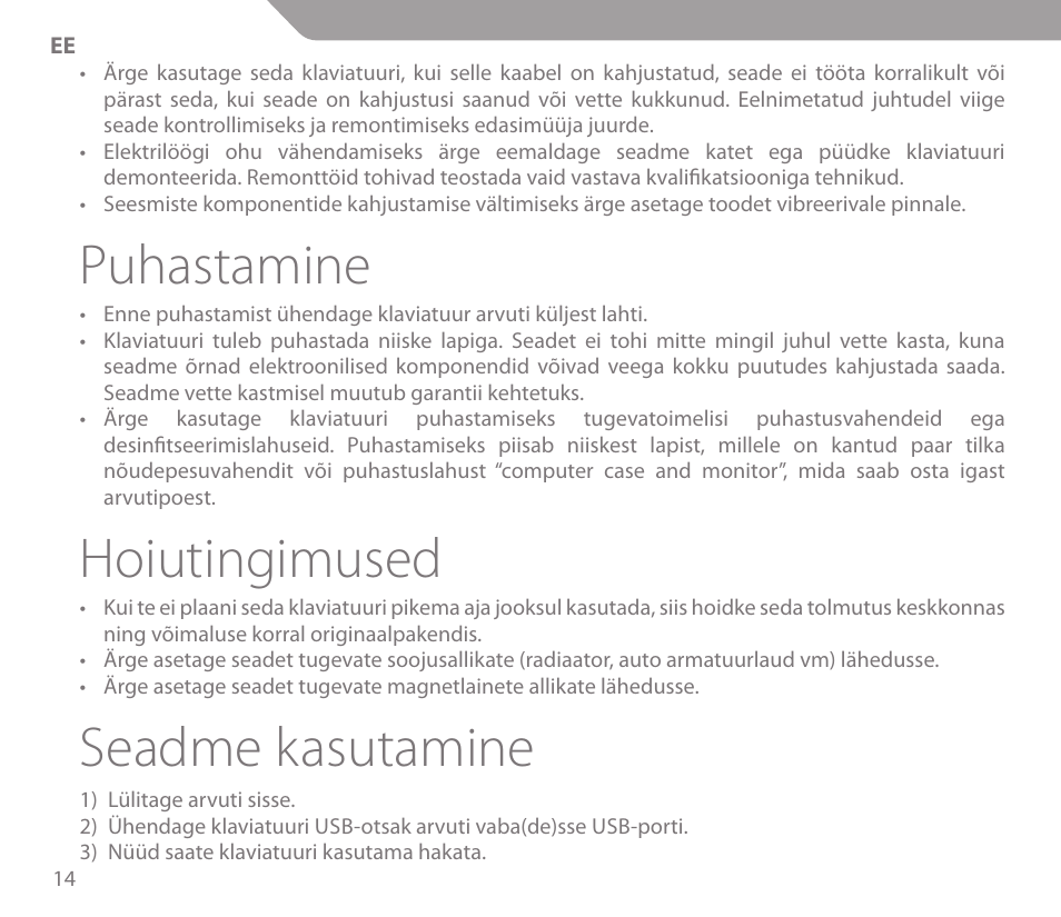 Puhastamine, Hoiutingimused, Seadme kasutamine | Acme KS01 User Manual | Page 14 / 52