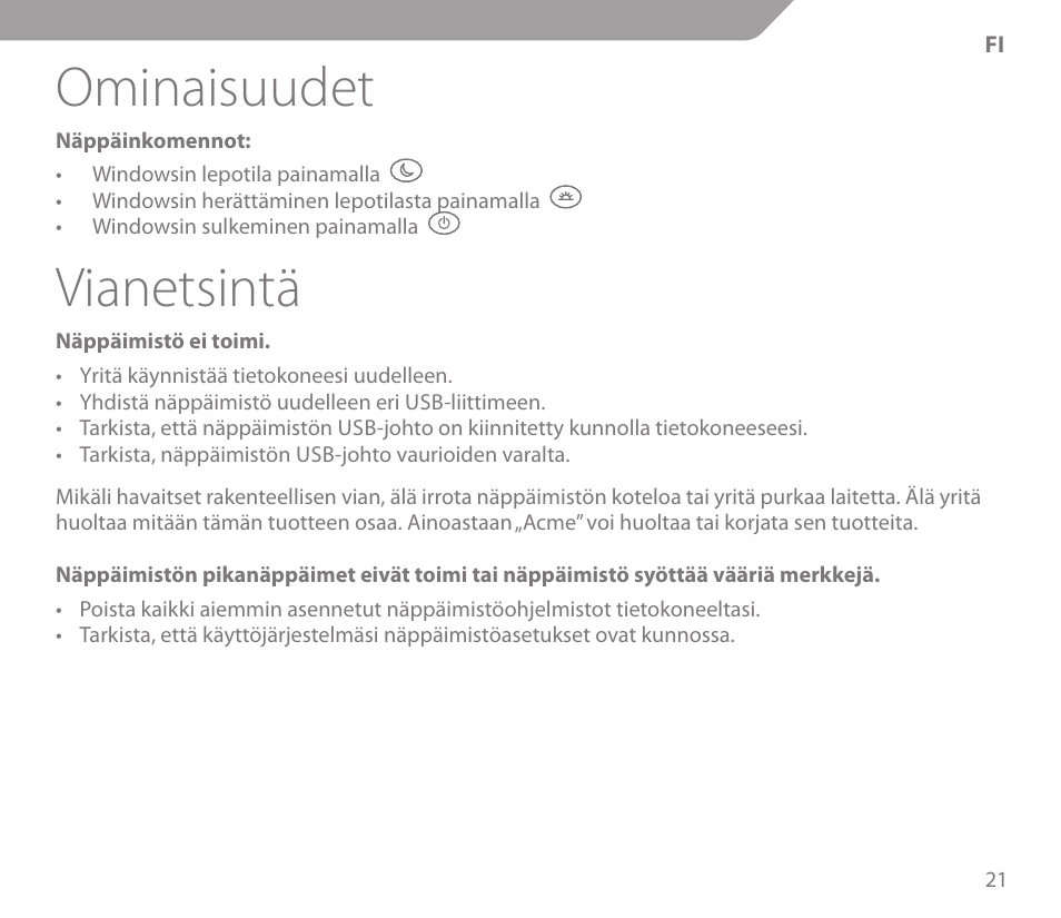 Ominaisuudet, Vianetsintä | Acme KS01 User Manual | Page 21 / 52