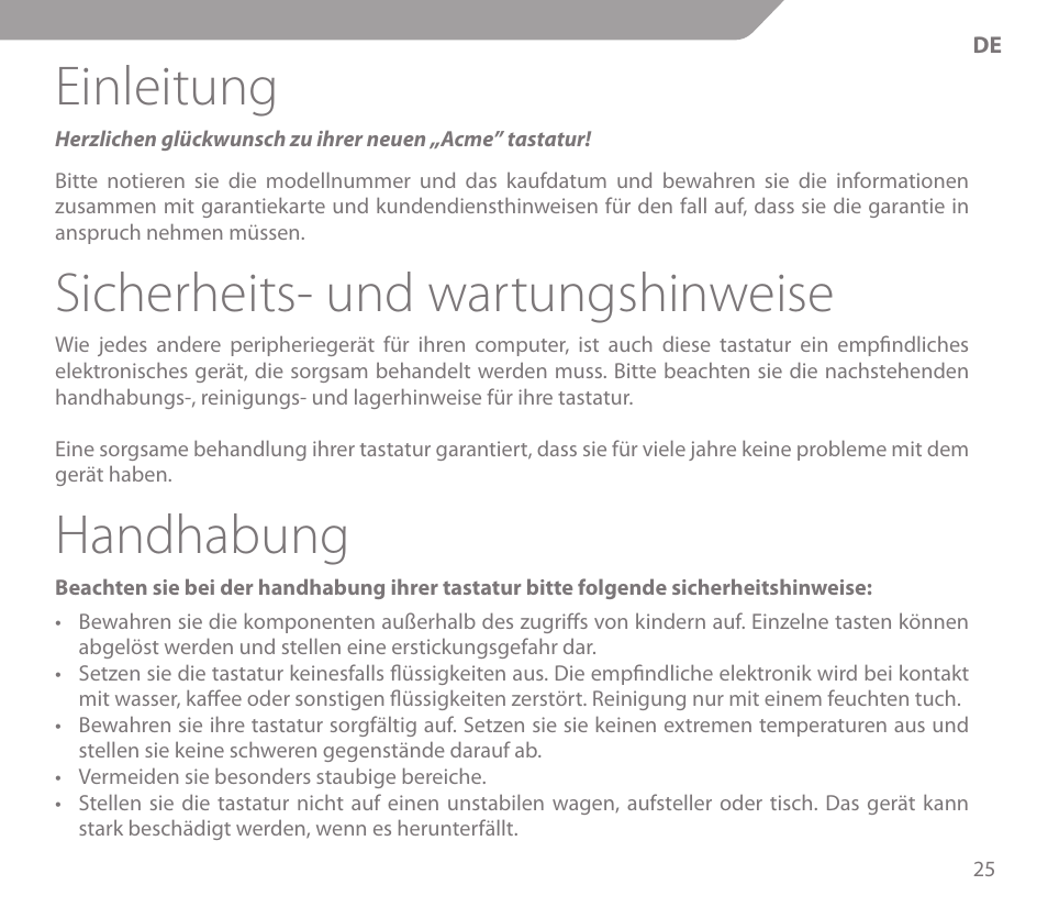 Einleitung, Sicherheits- und wartungshinweise, Handhabung | Acme KS01 User Manual | Page 25 / 52