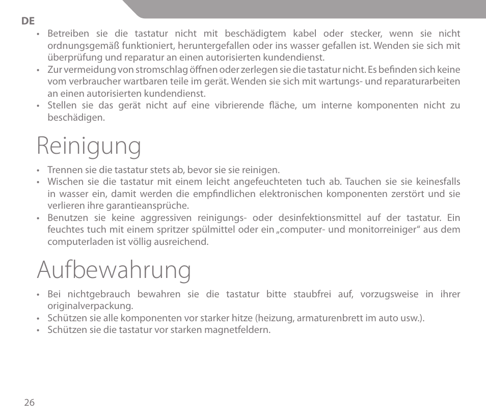 Reinigung, Aufbewahrung | Acme KS01 User Manual | Page 26 / 52