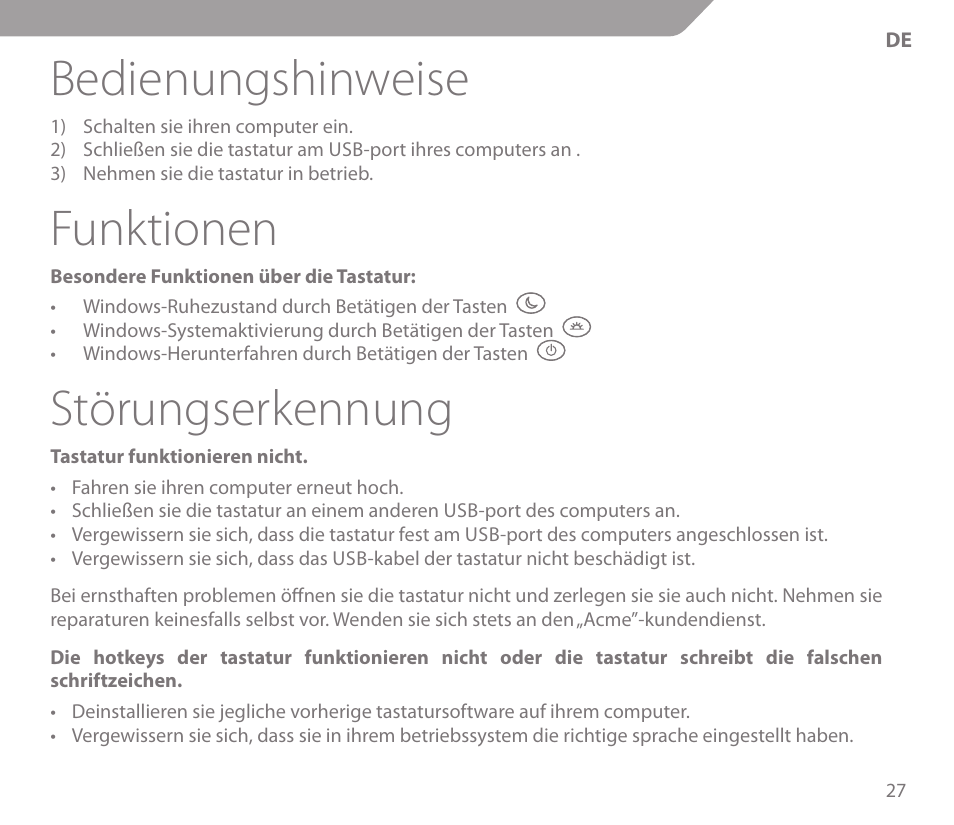Bedienungshinweise, Funktionen, Störungserkennung | Acme KS01 User Manual | Page 27 / 52