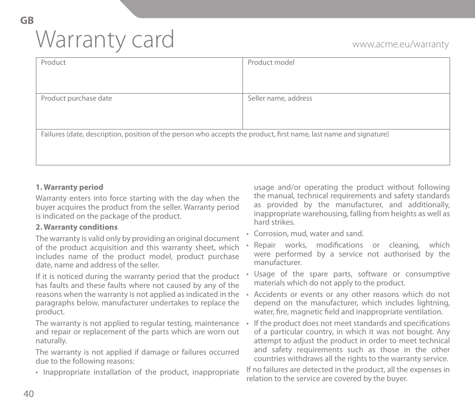 Warranty card | Acme KS01 User Manual | Page 40 / 52