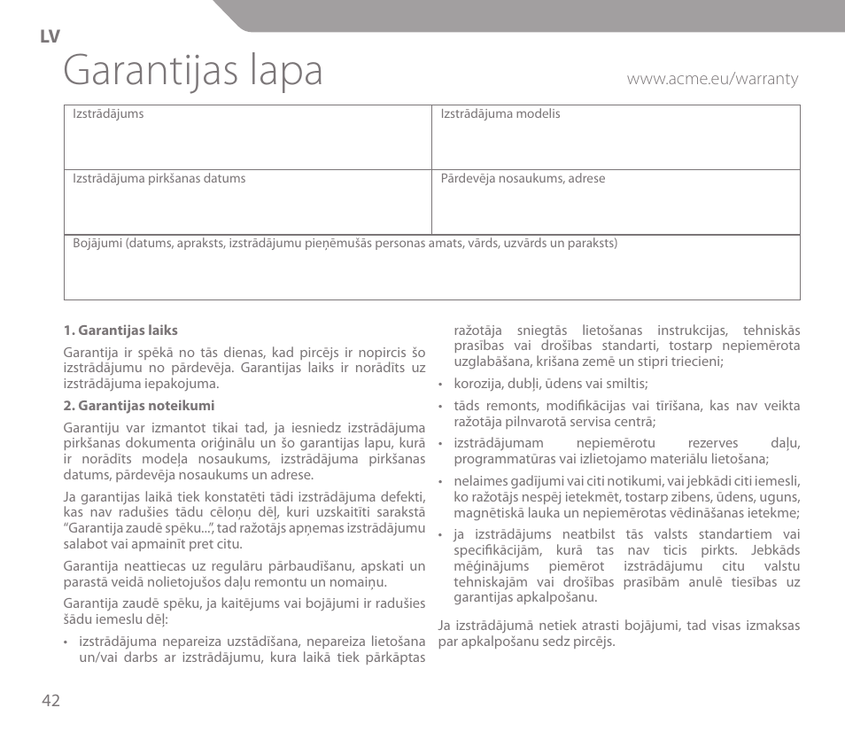 Garantijas lapa | Acme KS01 User Manual | Page 42 / 52